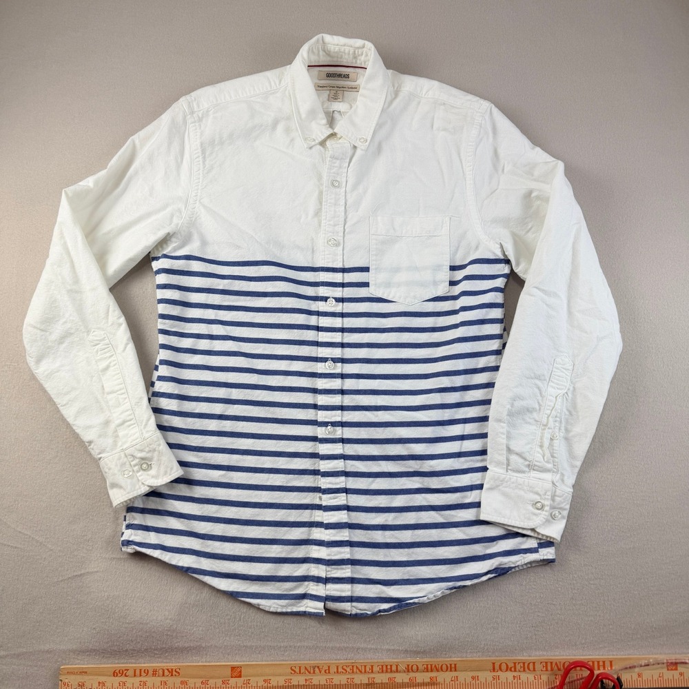 Goodthreads Mens Sz M White Blue Striped Button Down Shirt Standard Fit Cotton